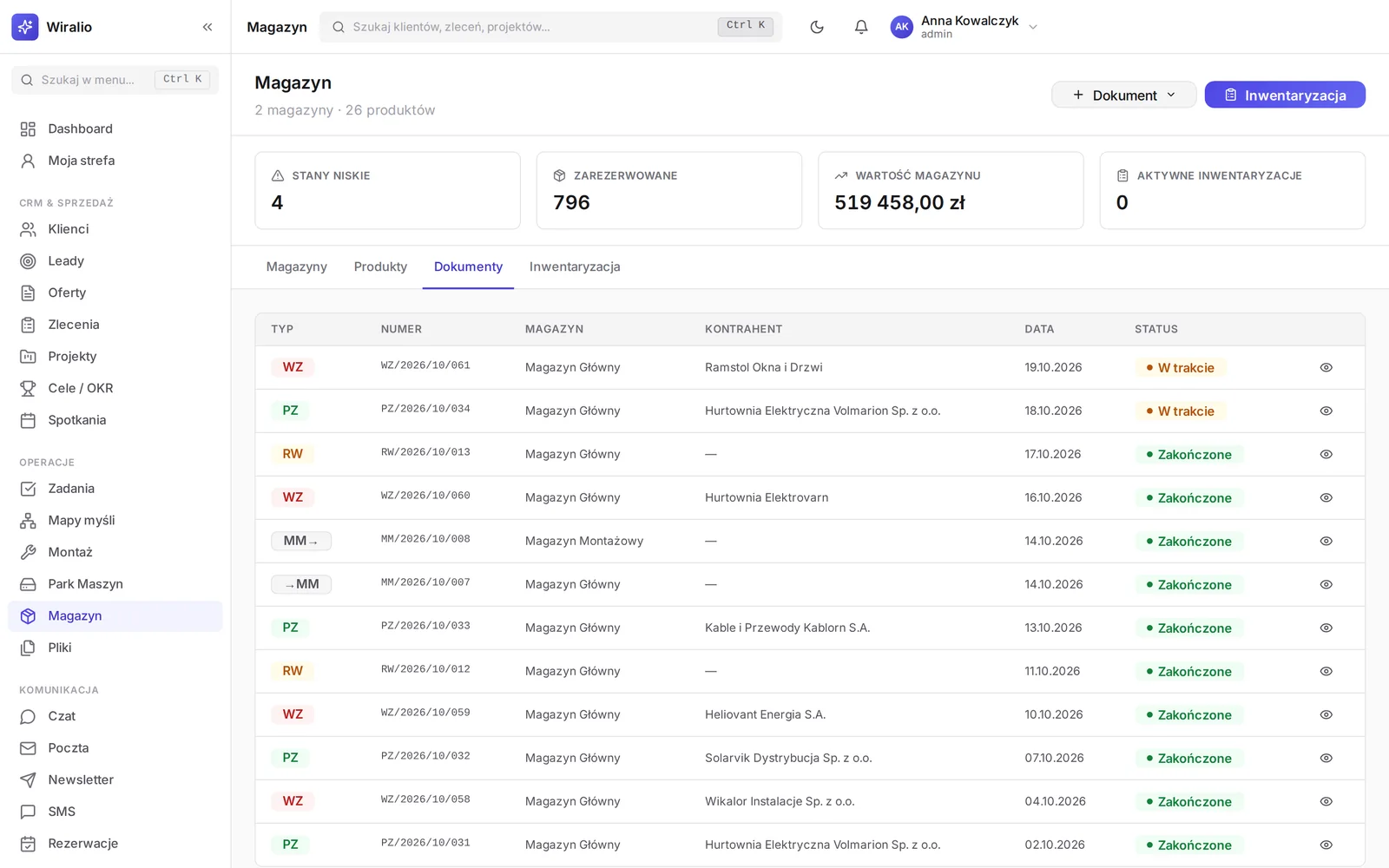 Lista dokumentów magazynowych z datą, magazynem, kontrahentem i statusem